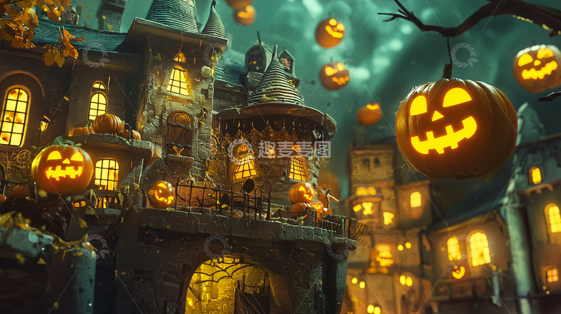 高清大图下载【趣麦麦图】万圣节南瓜灯城堡夜景