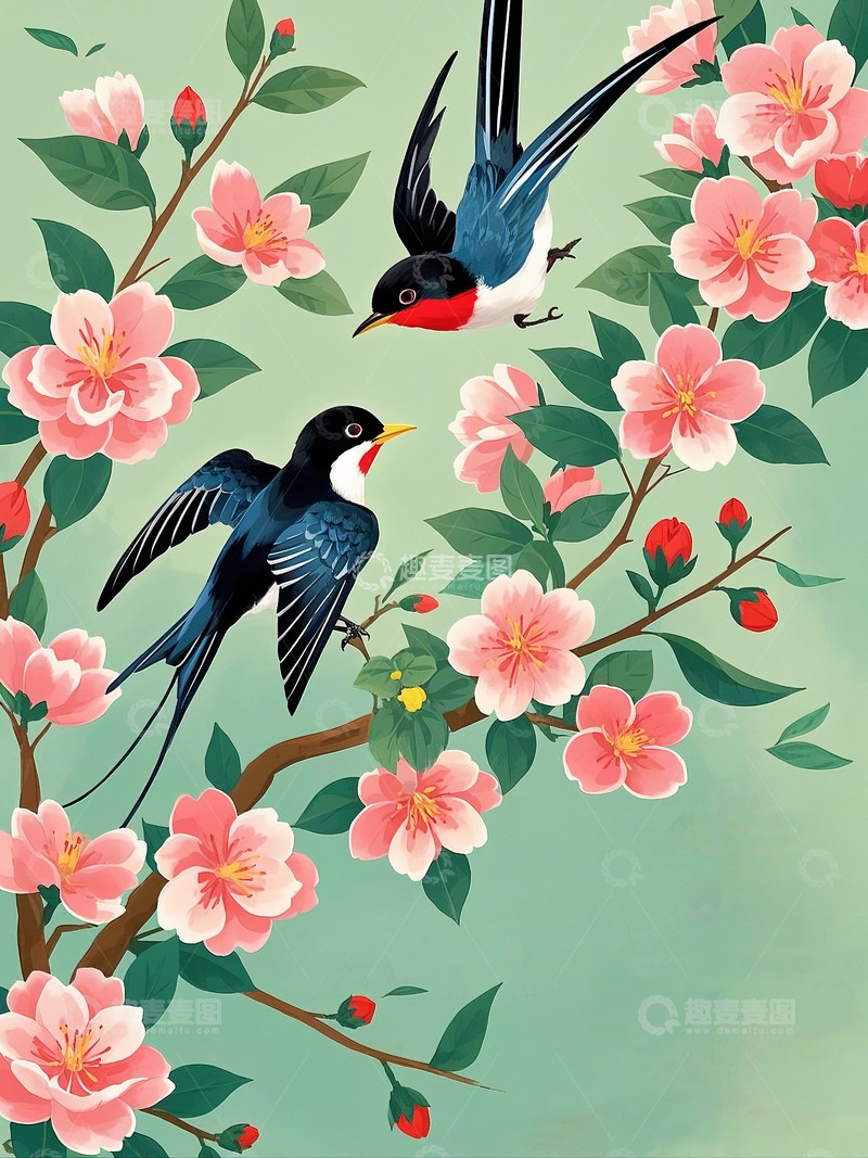 高清大图下载【趣麦麦图】春天花红柳绿燕子飞舞插画