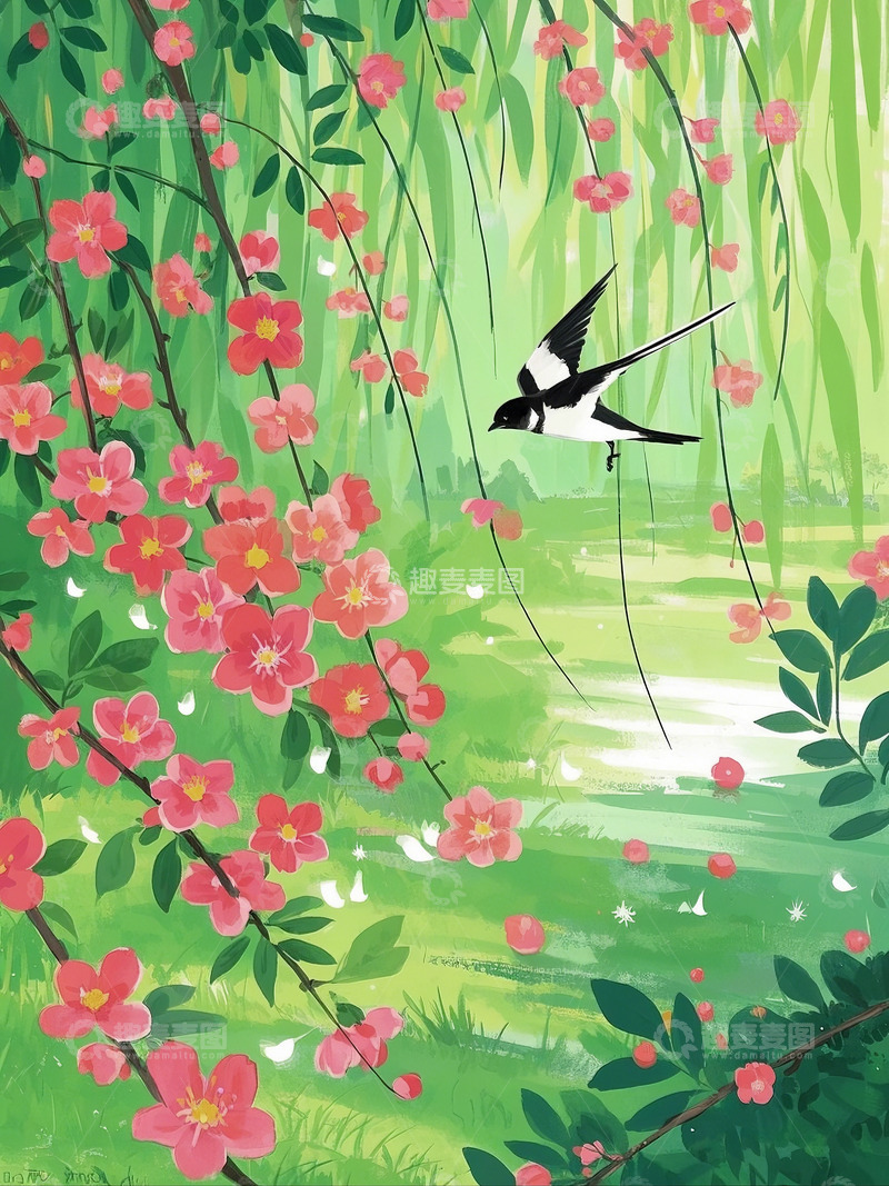 高清大图下载【趣麦麦图】春天柳树下燕子飞舞