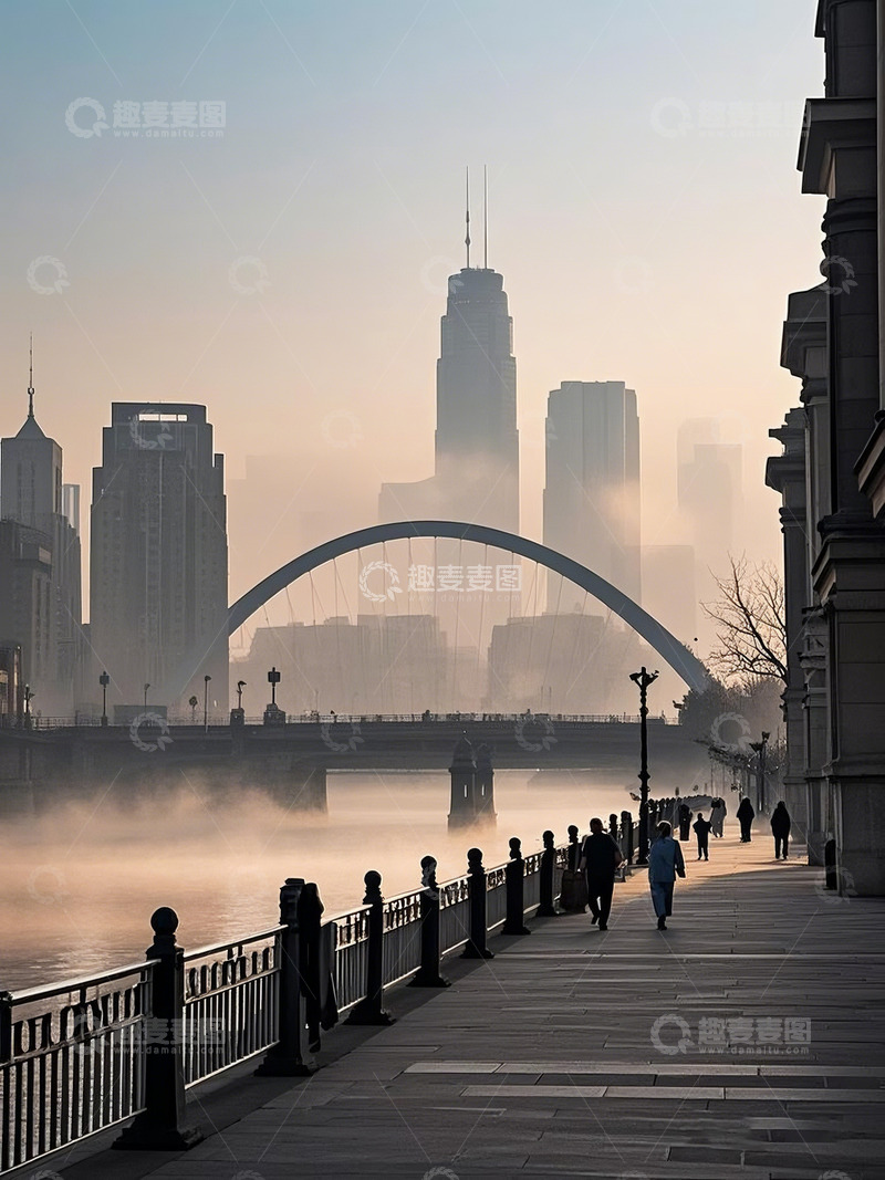 高清大图下载【趣麦麦图】晨雾下的天津海河高清摄影