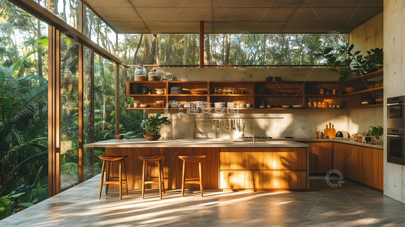 高清大图下载【趣麦麦图】庭院开放式厨房室内2