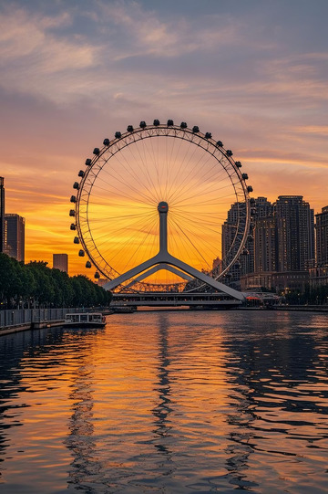 夕阳下的天津之眼唯美景色摄影图