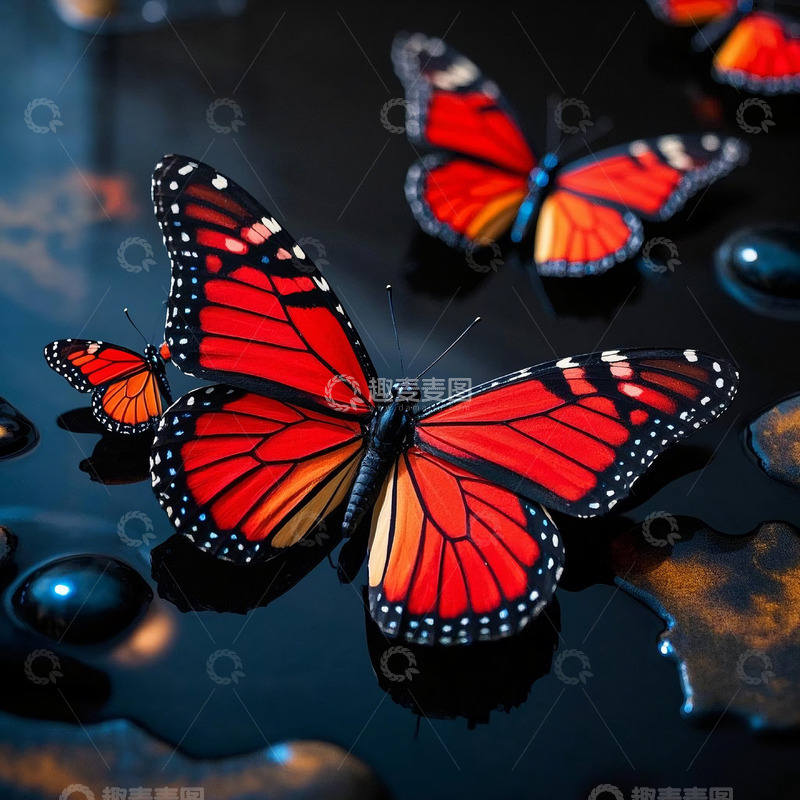 高清大图下载【趣麦麦图】-东方意境红黑色调流体蝴蝶3