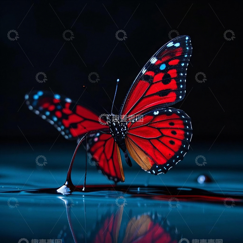 高清大图下载【趣麦麦图】-东方意境红黑色调流体蝴蝶2