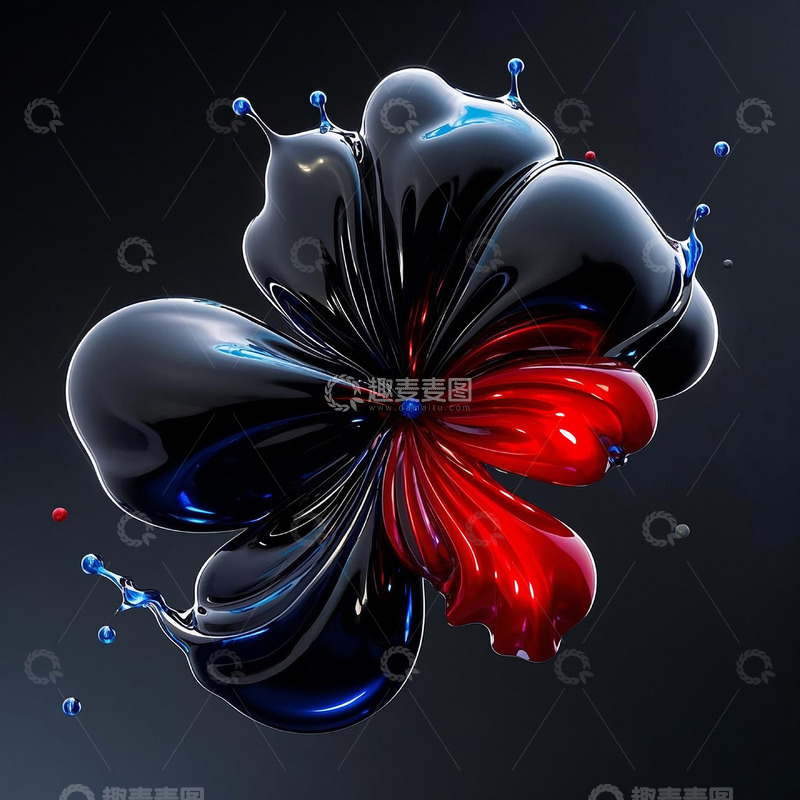 高清大图下载【趣麦麦图】东方意境红黑色调流体蝴蝶花朵