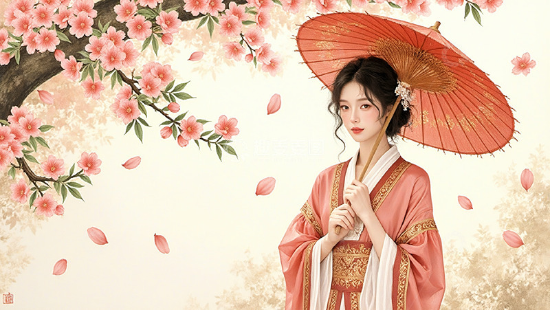 古装女子撑伞在花下