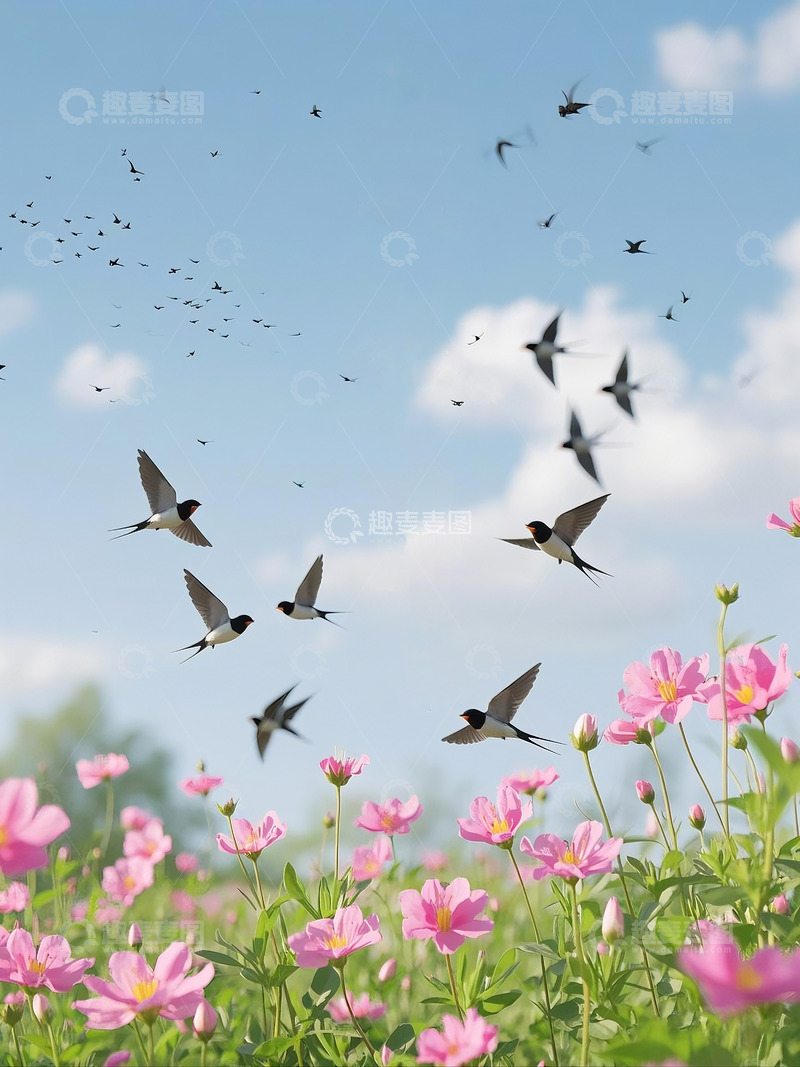 高清大图下载【趣麦麦图】春天燕子飞舞 百花齐放