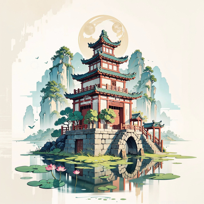 高清大图下载【趣麦麦图】中式江南古镇国风插画海报背景3