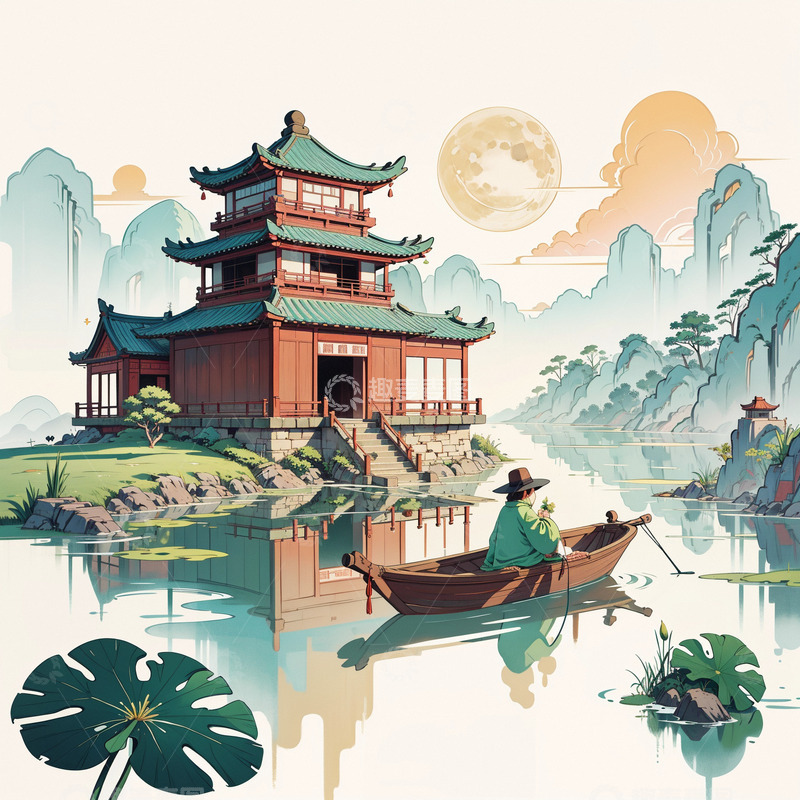 高清大图下载【趣麦麦图】中式江南古镇国风插画海报背景7