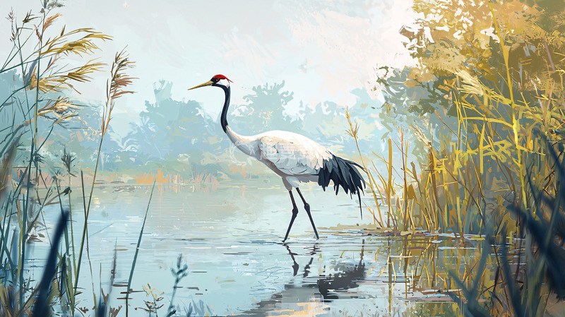高清大图下载【趣麦麦图】丹顶鹤湿地风景画