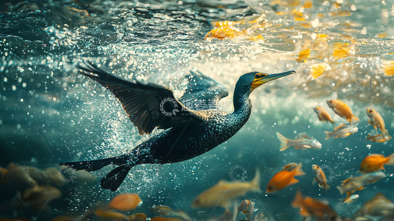 高清大图下载【趣麦麦图】水鸟捕鱼水中飞翔