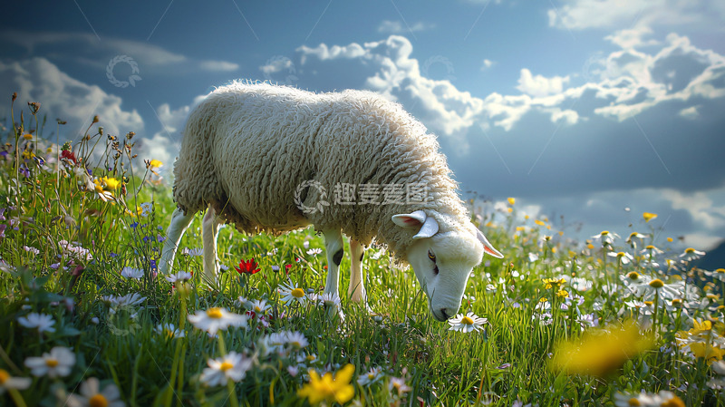 高清大图下载【趣麦麦图】绵羊在花田里吃草