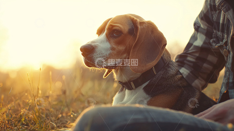 高清大图下载【趣麦麦图】夕阳下主人和猎犬