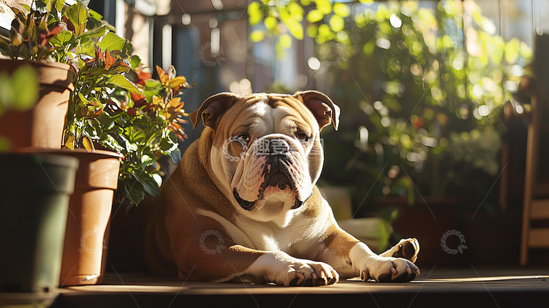 高清大图下载【趣麦麦图】阳光下英斗趴在花盆旁