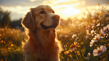 金毛犬日落花田