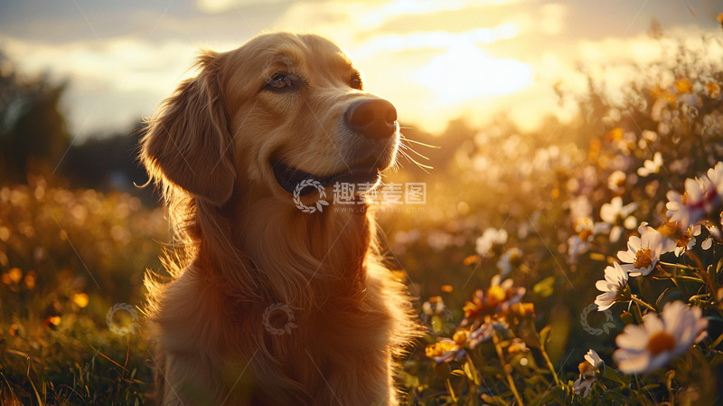 高清大图下载【趣麦麦图】金毛犬日落花田