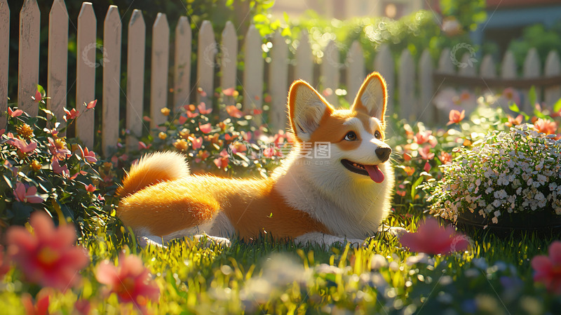 高清大图下载【趣麦麦图】阳光下花园里一只可爱柯基犬