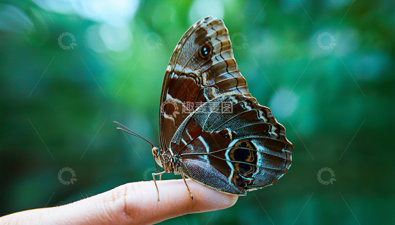 高清大图下载【趣麦麦图】深棕花纹蝶停在指尖
