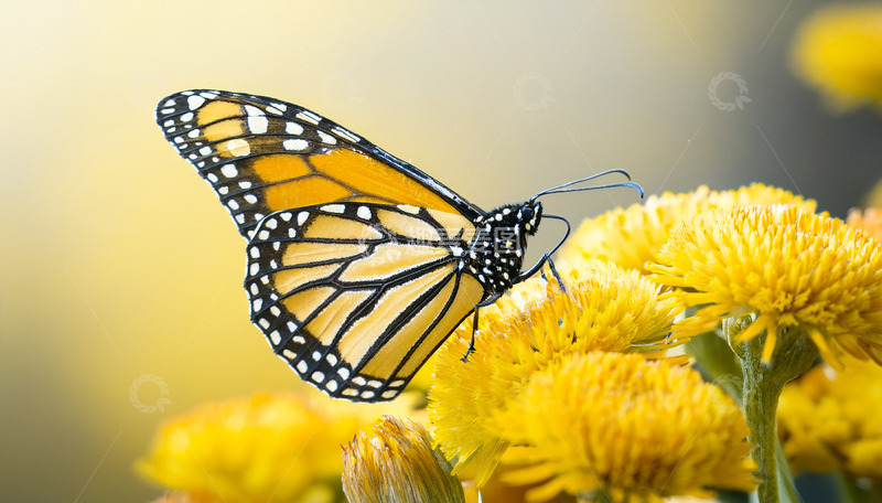 高清大图下载【趣麦麦图】帝王斑蝶停落金黄花朵