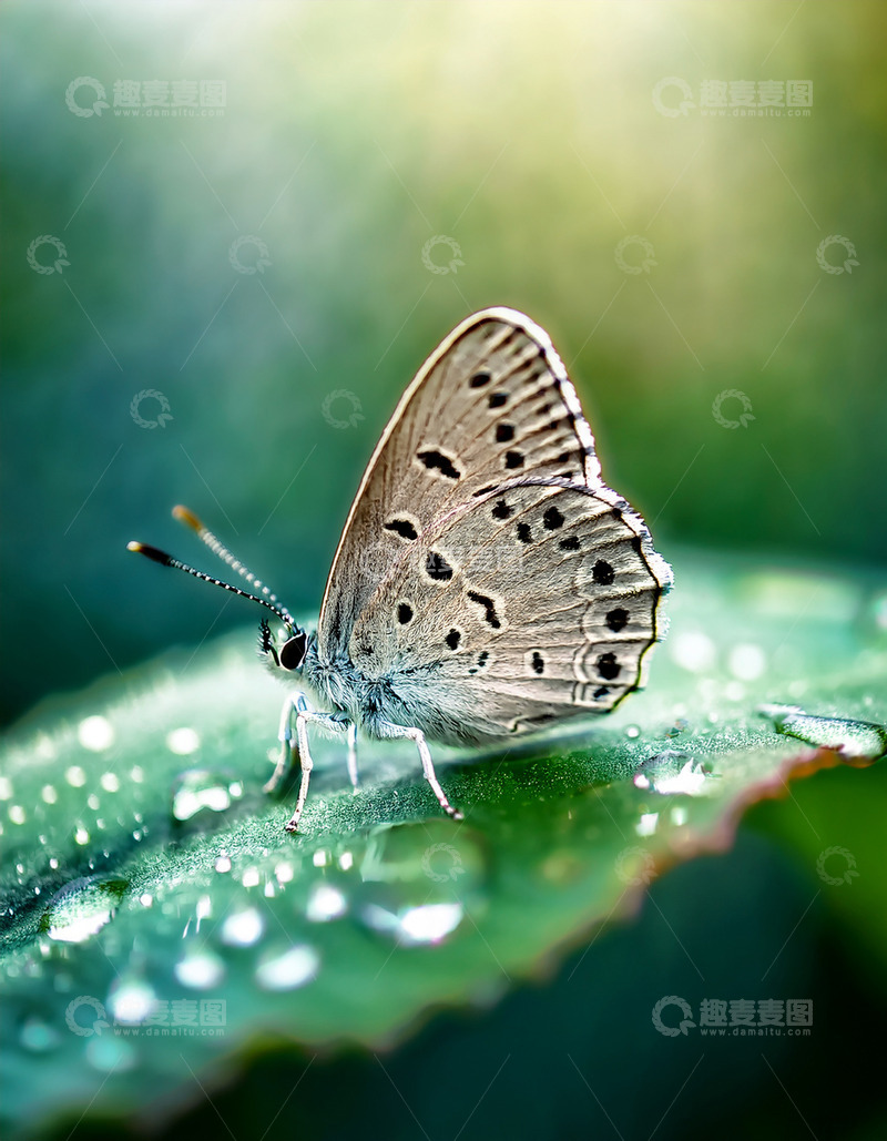 高清大图下载【趣麦麦图】灰斑蝴蝶栖于水珠绿叶