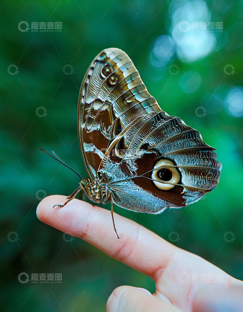高清大图下载【趣麦麦图】眼斑蝶轻立指尖之上