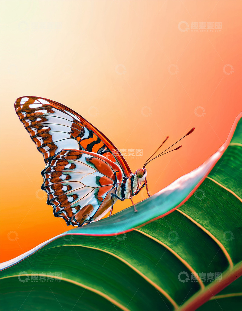 高清大图下载【趣麦麦图】彩纹蝶静伏绿色叶片边缘
