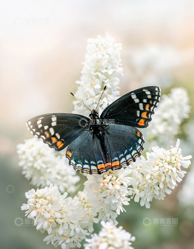 高清大图下载【趣麦麦图】黑底橙斑蝶休憩于白花