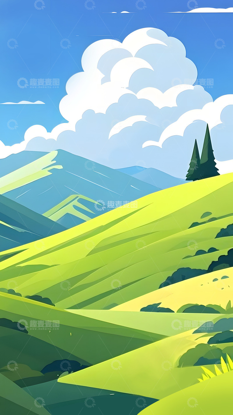 高清大图下载【趣麦麦图】户外美景蓝天白云简约自然风光清新插画6