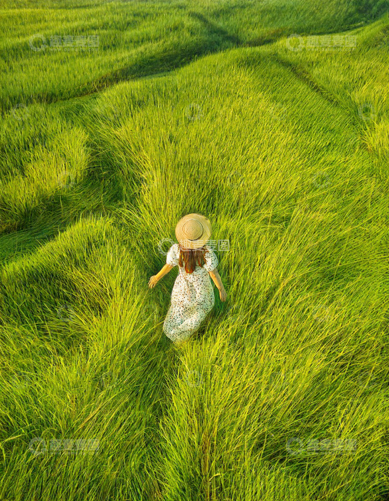 高清大图下载【趣麦麦图】绿草地上漫步的草帽女子