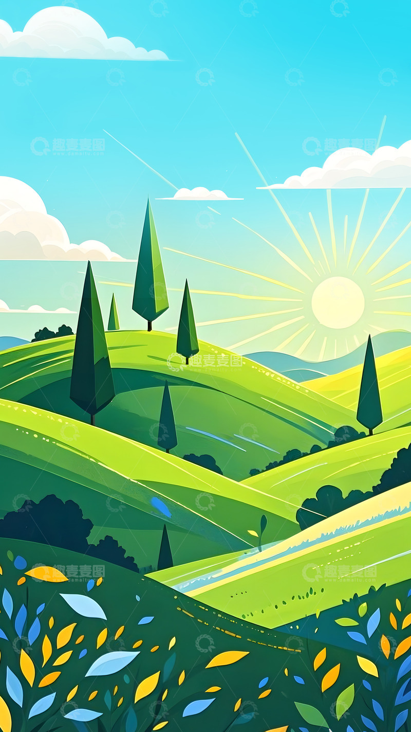 高清大图下载【趣麦麦图】户外美景蓝天白云简约自然风光清新插画3
