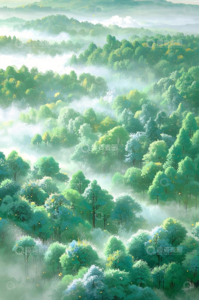 高清大图下载【趣麦麦图】水墨绒毛森林背景2