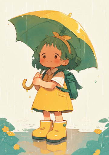 春分绿发萌娃雨中撑伞可爱插画