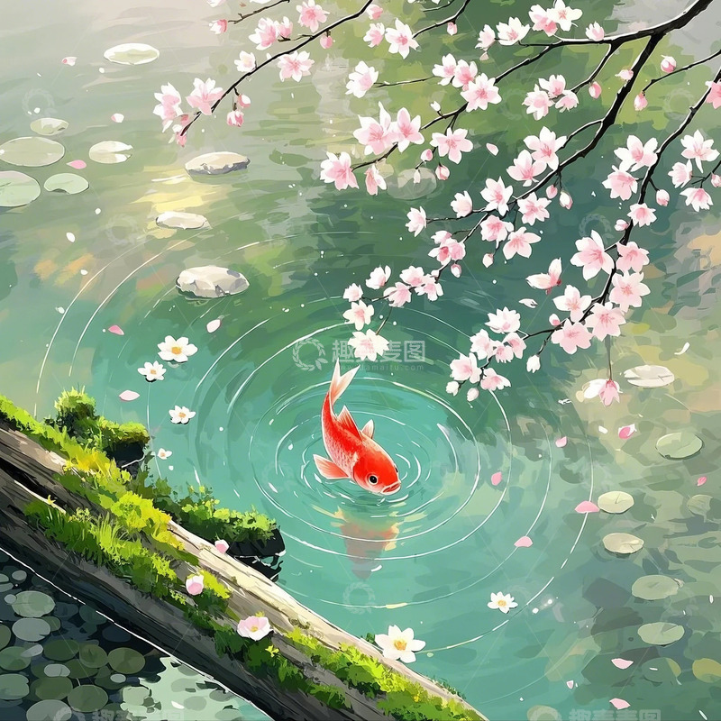 春天花树下红鲤游动