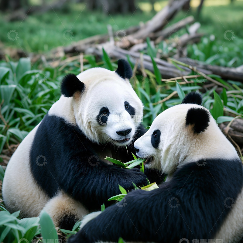 高清大图下载【趣麦麦图】两只大熊猫坐在一起
