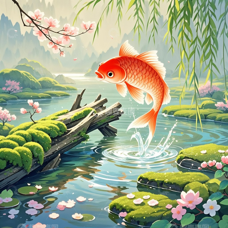 高清大图下载【趣麦麦图】-红鲤跳出水面插画