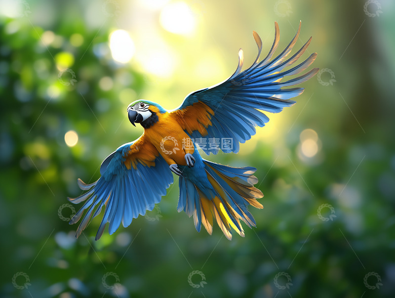 高清大图下载【趣麦麦图】蓝黄金刚鹦鹉展翅飞翔图