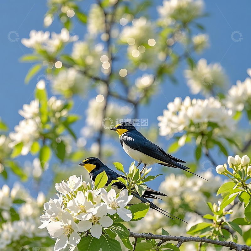 高清大图下载【趣麦麦图】春天两只燕子栖息在花丛中