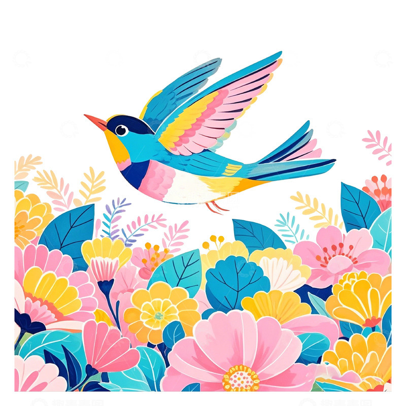 高清大图下载【趣麦麦图】-彩鸟翔于繁花之上1