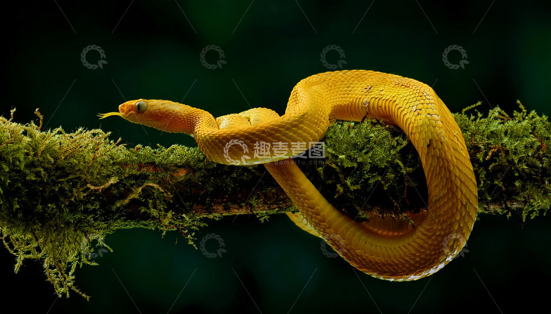 高清大图下载【趣麦麦图】黄蛇于苔藓枝上的吐信瞬间