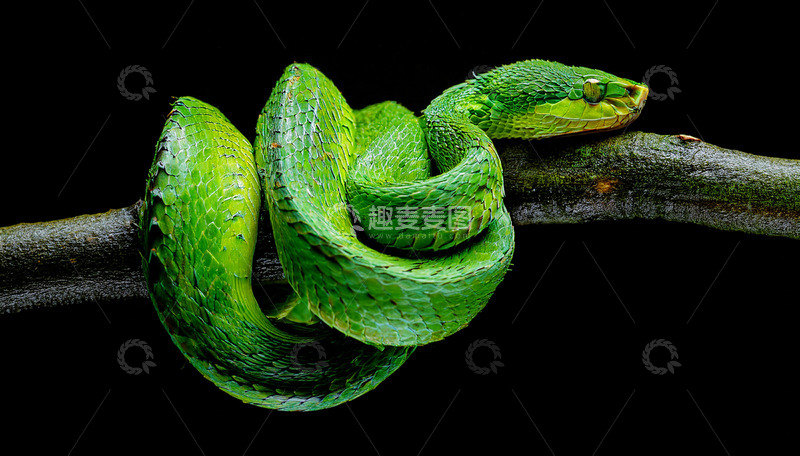 高清大图下载【趣麦麦图】翠绿蛇在枝上的休憩模样