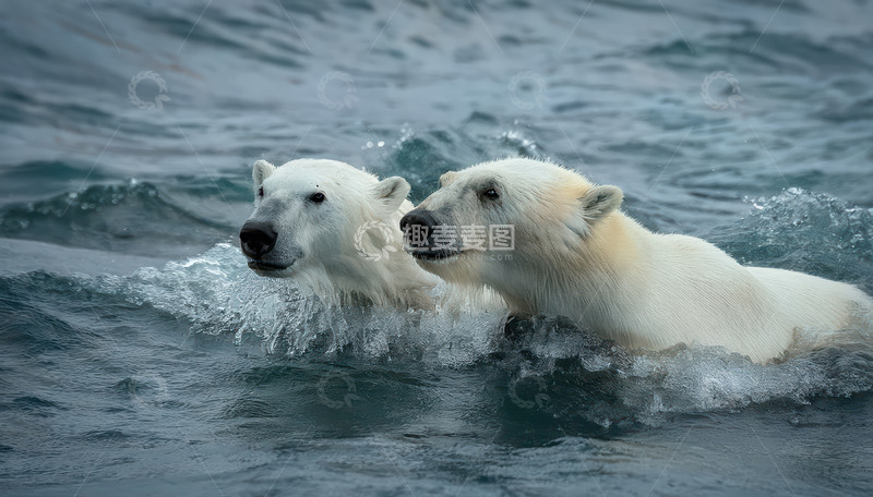 高清大图下载【趣麦麦图】两只北极熊海中同游