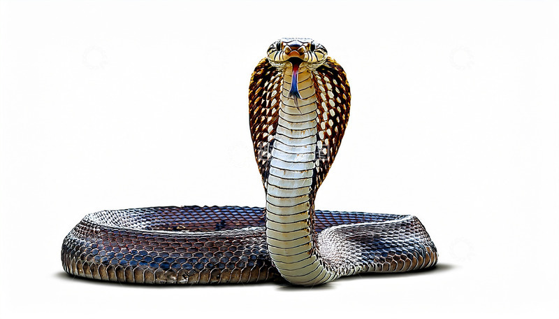 高清大图下载【趣麦麦图】眼镜蛇的威慑性挺立姿态白色背景纹理危险