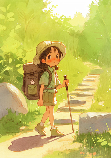 清明踏青登山运动卡通女孩