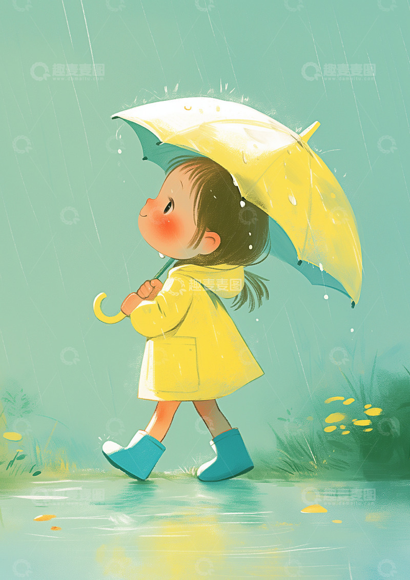 高清大图下载【趣麦麦图】春雨撑伞女孩踏青游玩儿童插画