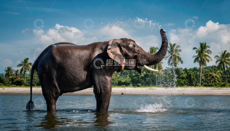 高清大图下载【趣麦麦图】大象于水边惬意喷水图景