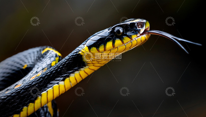 高清大图下载【趣麦麦图】黑黄蛇吐信的瞬间特写