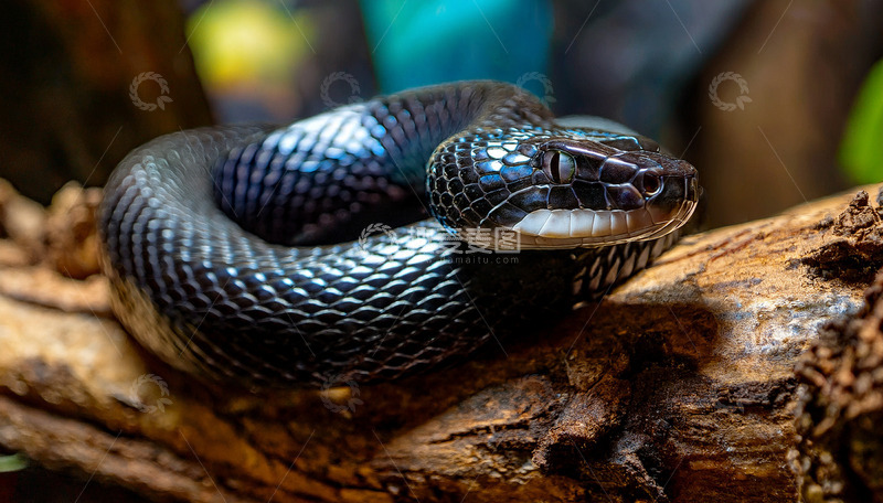 高清大图下载【趣麦麦图】黑蛇在木头上的静态盘绕