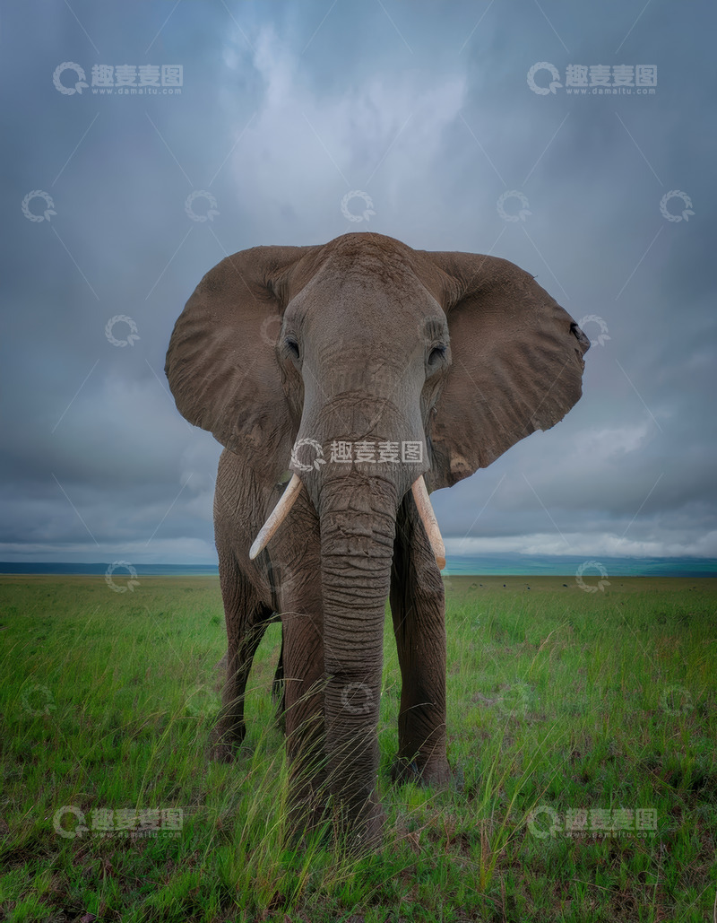 草原上大象直面阴云密布天