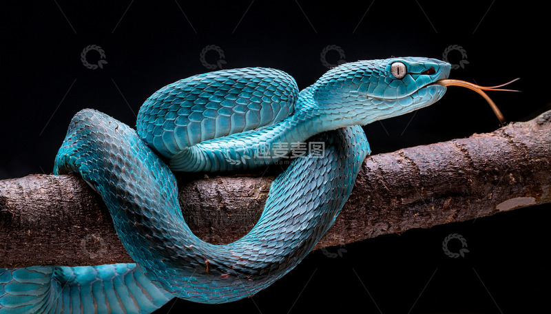 高清大图下载【趣麦麦图】蓝蛇树枝盘绕时的吐信神情