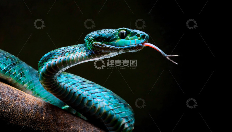 高清大图下载【趣麦麦图】绿蛇树枝上吐信特写